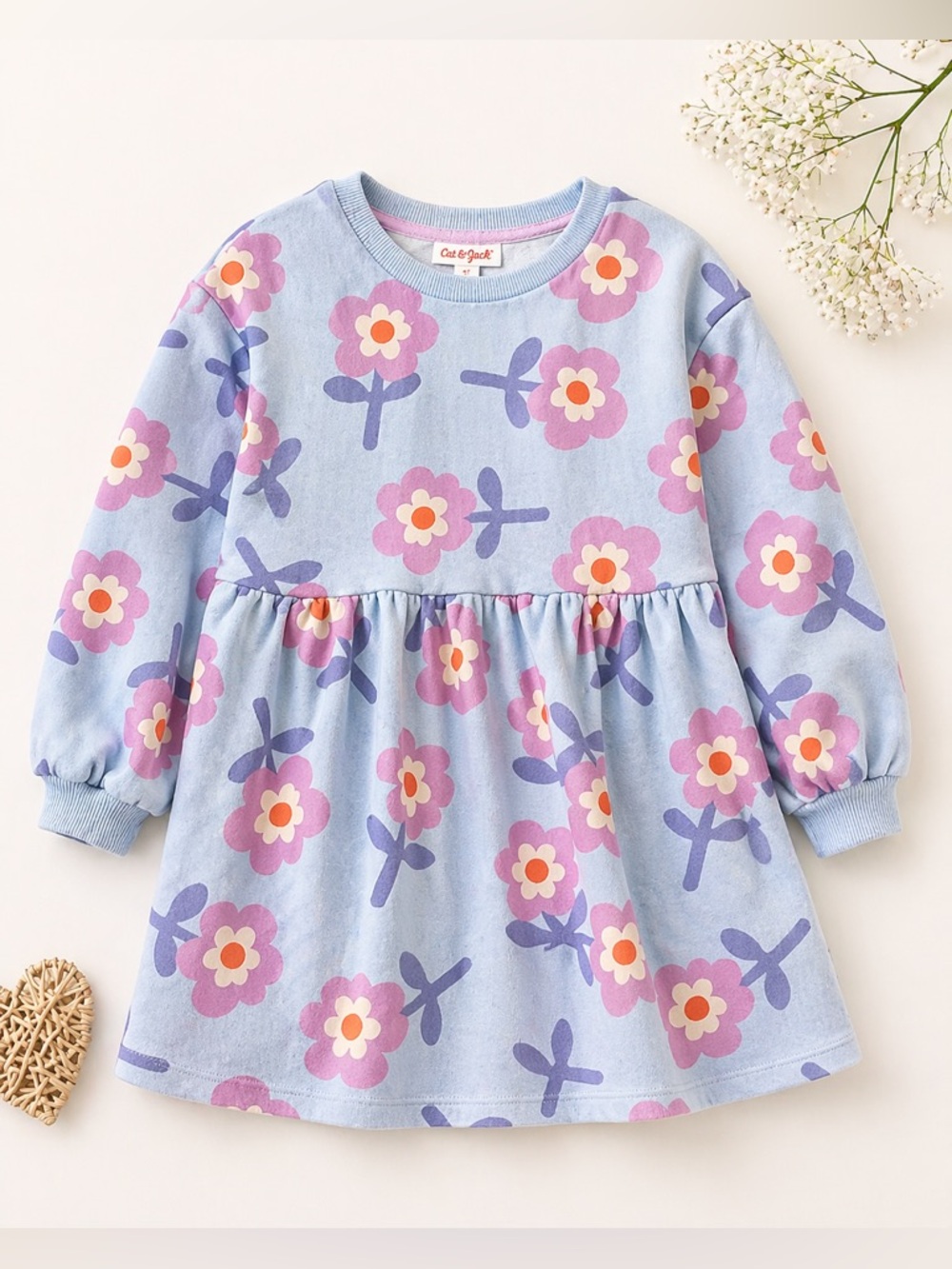Cat &โ Jack Blue Floral Long Sleeve Twirl Dress with Pink & Purple Flowers 4T